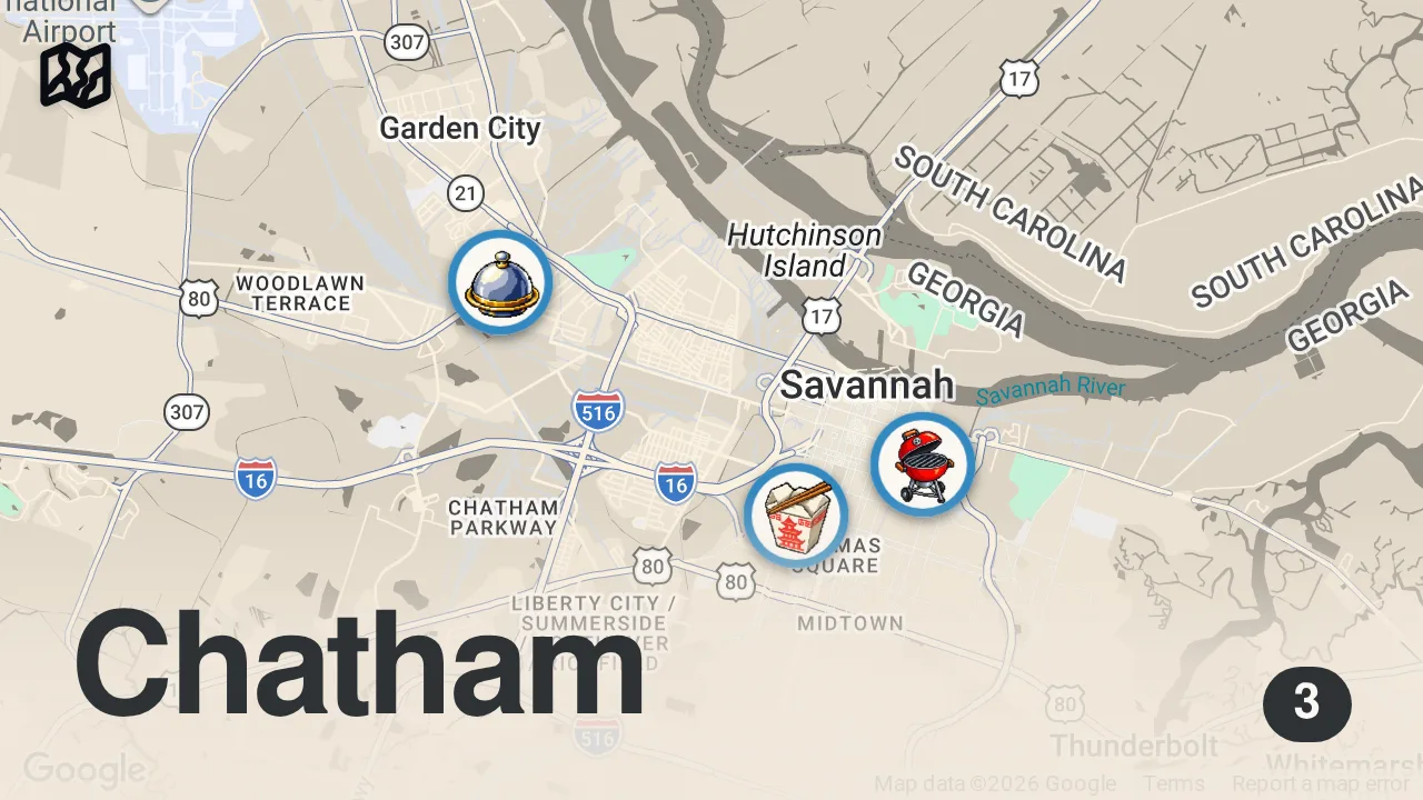 Map of 3 spots from Eating at SKETCHY Restaurants For 24 Hours! (Savannah, GA)