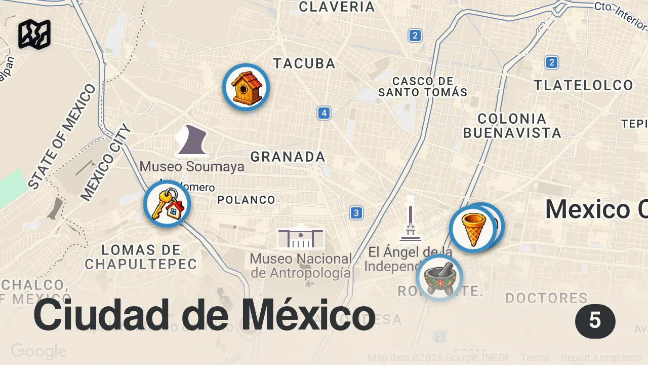 Map of 5 spots from Colonia Juarez Guide W/ ALANXELMUNDO | MEXICO CITY Travel Guide