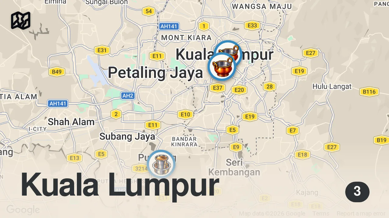 Map of 3 spots from Best INDIAN FOOD in Kuala Lumpur, Malaysia!! (Food Paradise)