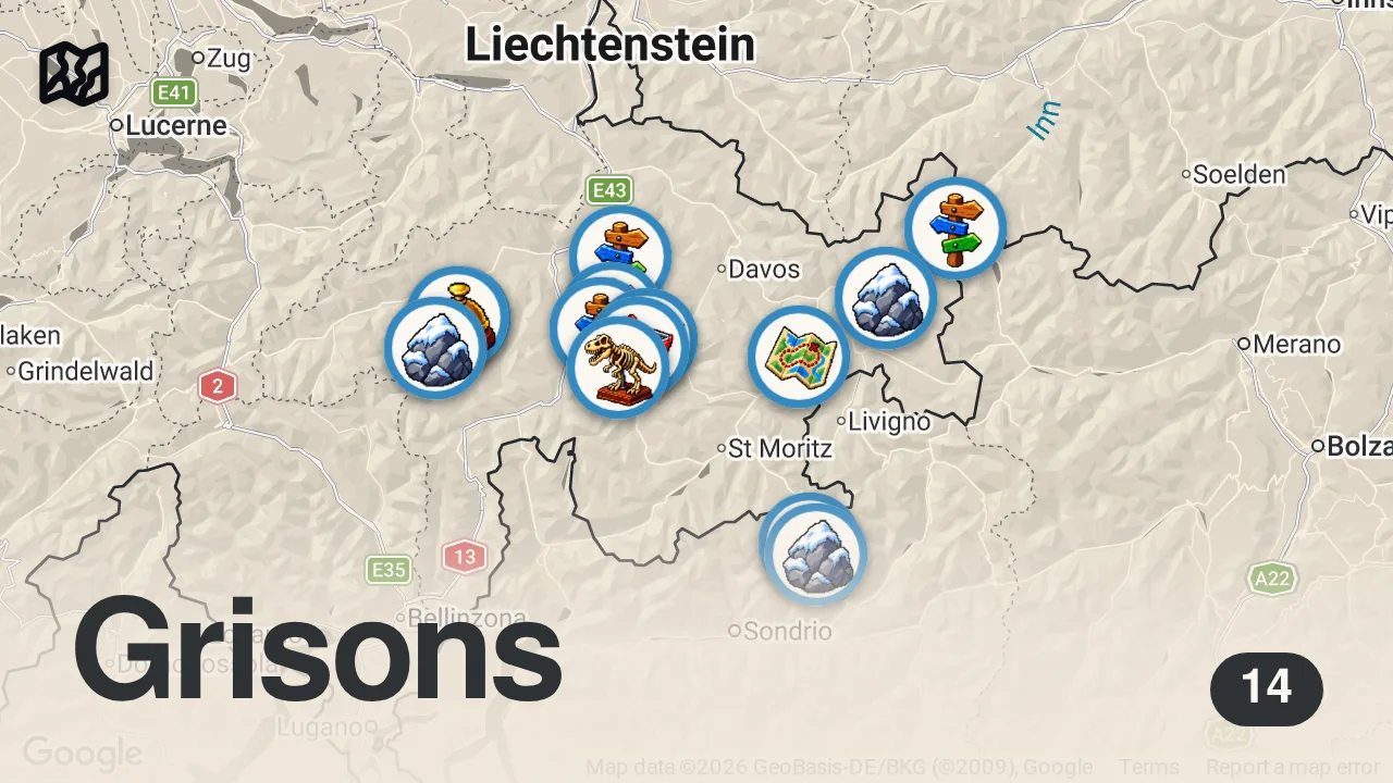 Map of 14 spots from Capuns, Salsiz und weitere leckere Spezialitäten aus der Schweiz (NZZ Format 2009)