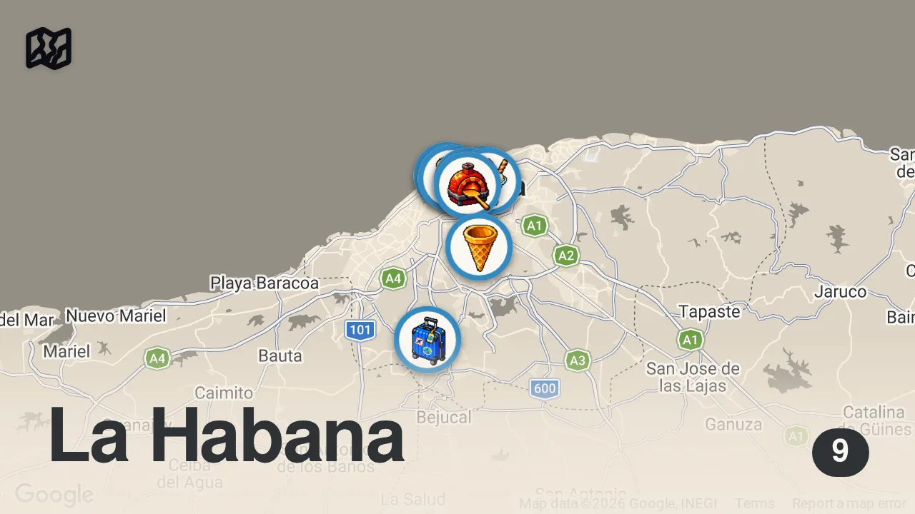 Map of 9 spots from CUBAN STREET FOOD | What locals eat in Cuba | Havana Travel Vlog