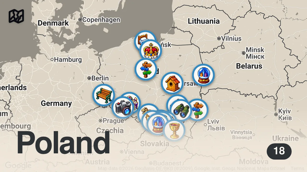 Map of 18 spots from Czy znacie wszystkie miejsca w Polsce na UNESCO? #unesco #polska #atrakcje #podróże #poznajekraje