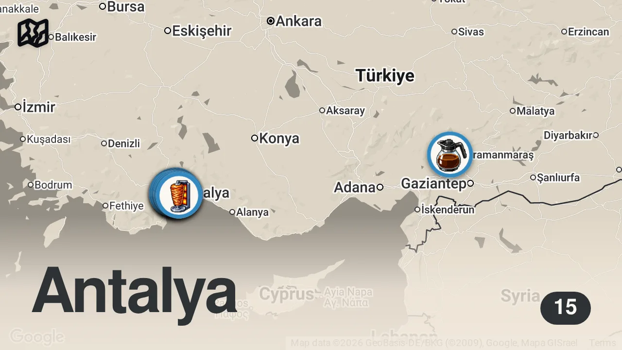 Map of 15 spots from ANTALYA’DA 1 GÜNDE NE YENİR!!! DÜNYALARI YEDİM