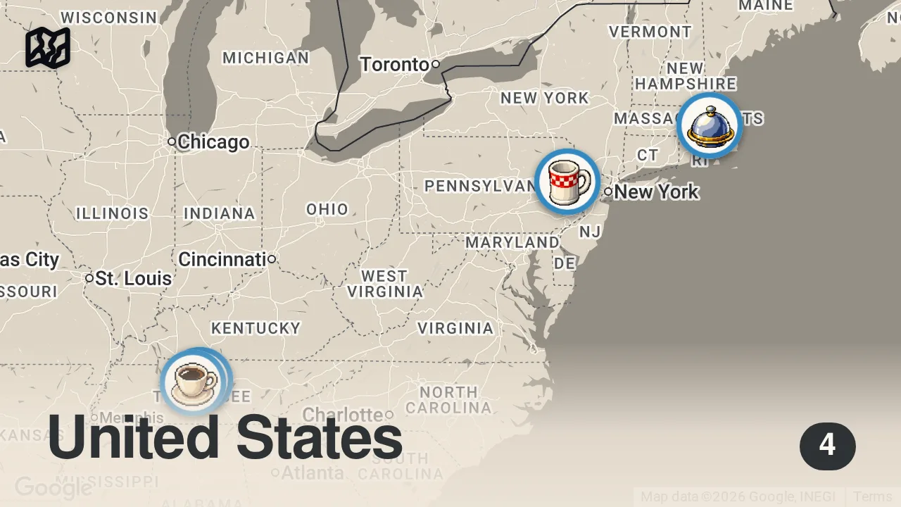 Map of 4 spots from Eating At The Most POPULAR Restaurants For 24 Hours...