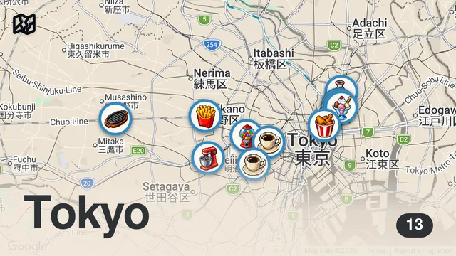 Map of Tokyo's Ultimate Street Food Tour: 15 Must-Try Eats You Can't Miss!