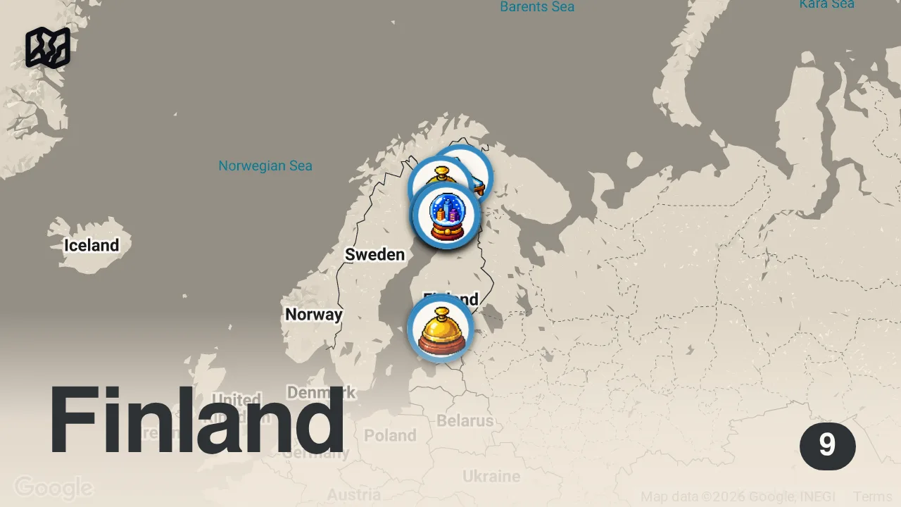 Map of 9 spots from 7 Days in FINLAND đź Lapland, Glass Igloo, Northern Lights, Santa Claus | Travel Vlog