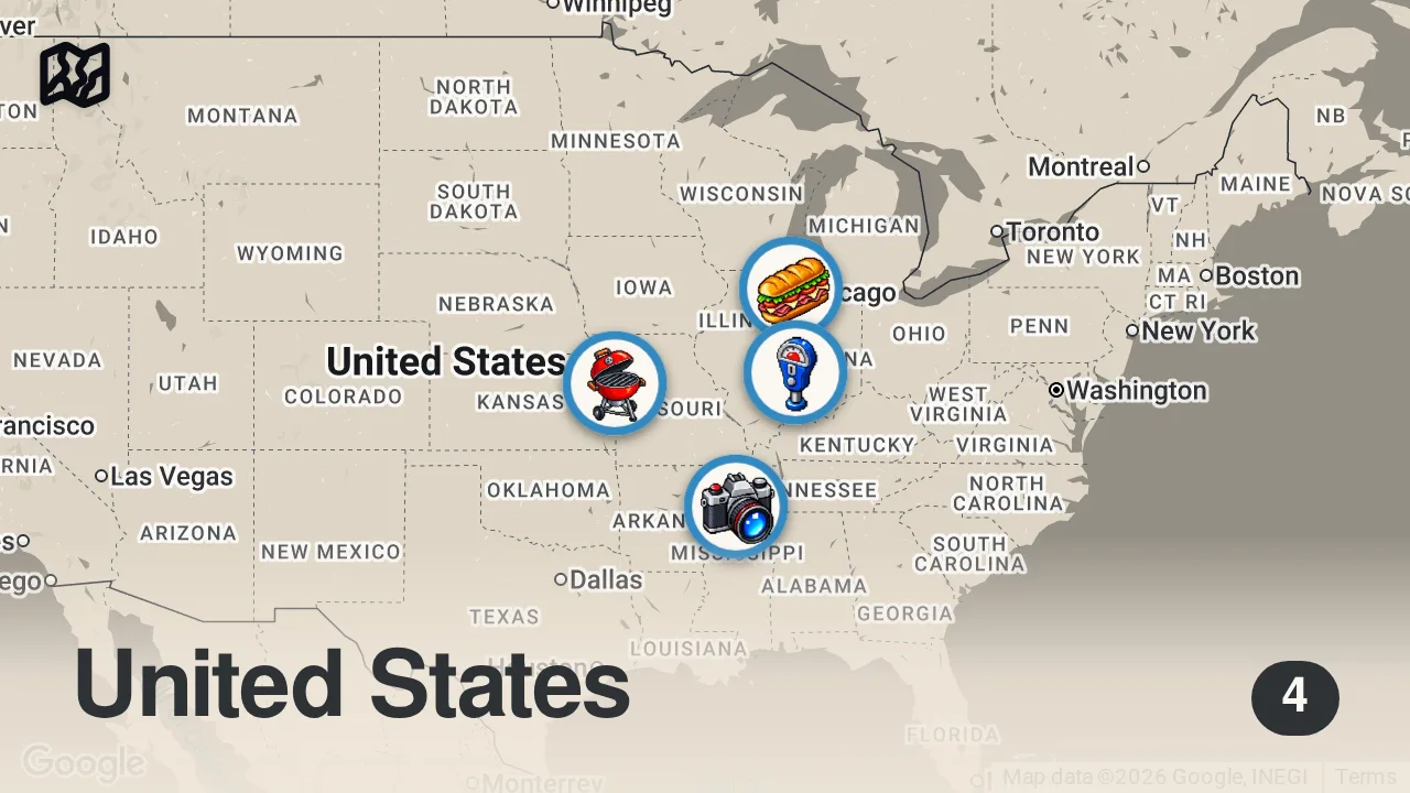 Map of 4 spots from CRAZIEST Sandwich Challenges | Man v. Food | Travel Channel