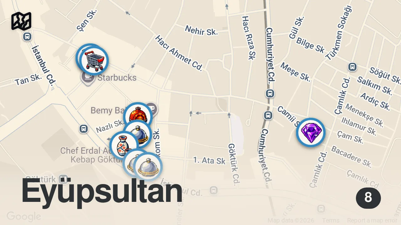 Map of 8 spots from GÖKTÜRK LEZZET REHBERİ (Sushi, Adana Kebabı, Croque Monsieur, Pizza) - Ayaküstü Lezzetler
