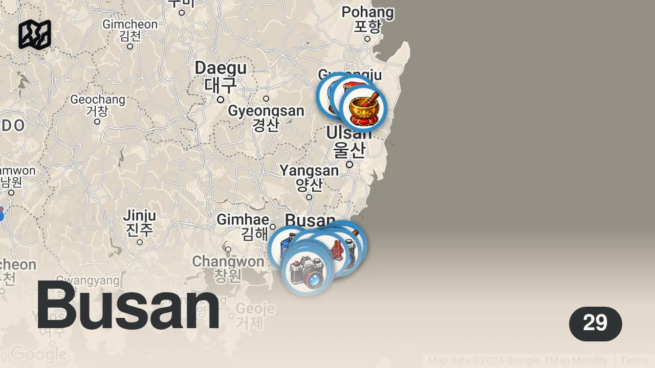 Map of 29 spots from Busan 2026 Travel Guide: Best Places to Visit & Things to Do • Itinerary & Costs • Korea Budget Vlog