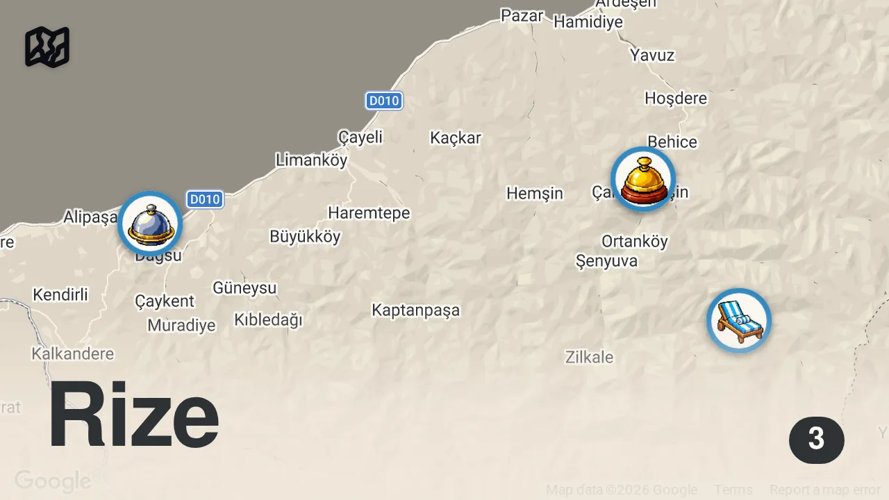 Map of 3 spots from BU TURU 2000 LİRAYA YAPARSIN! | RİZE VLOG