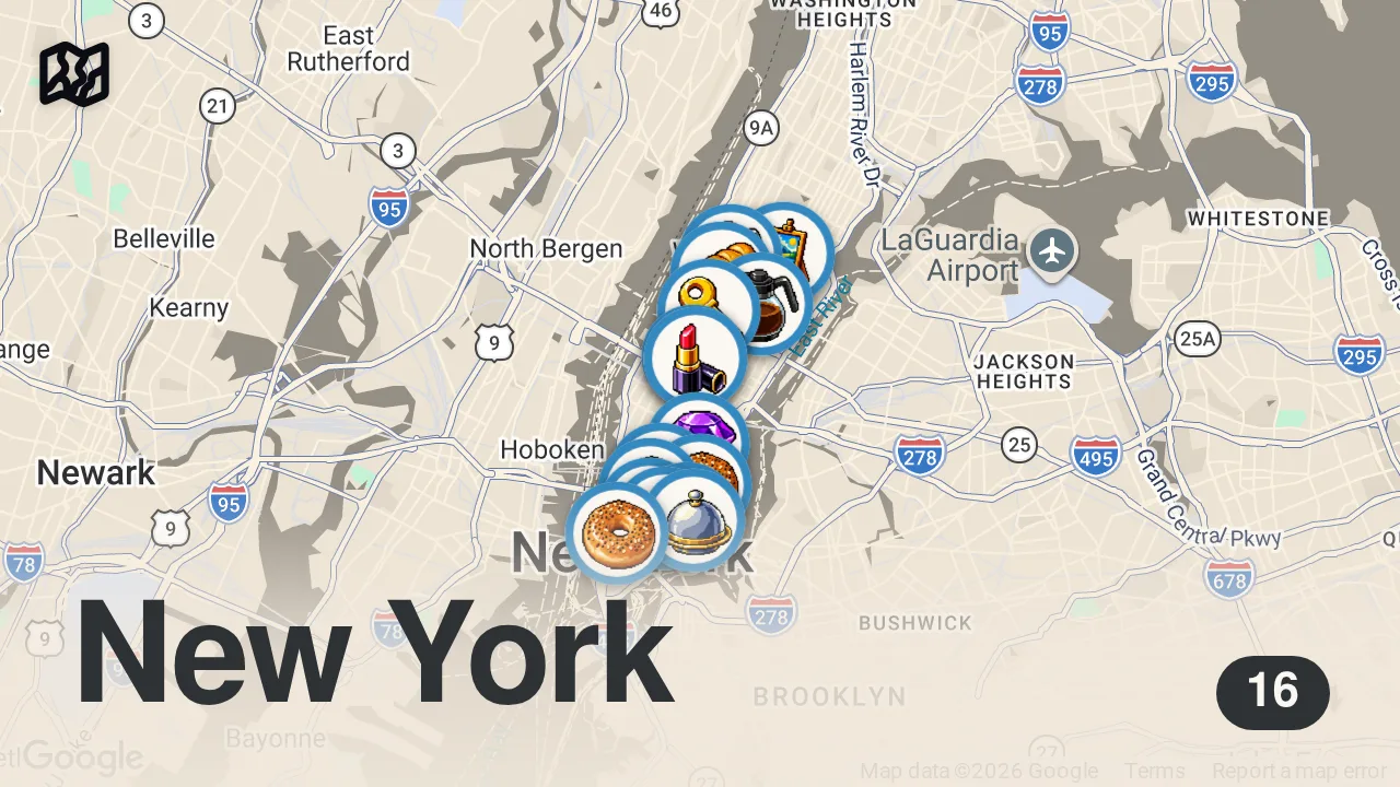 Map of 16 spots from Alone in NEW YORK CITY 🚕 | what I eat, exploring the city & leaving my comfort zone