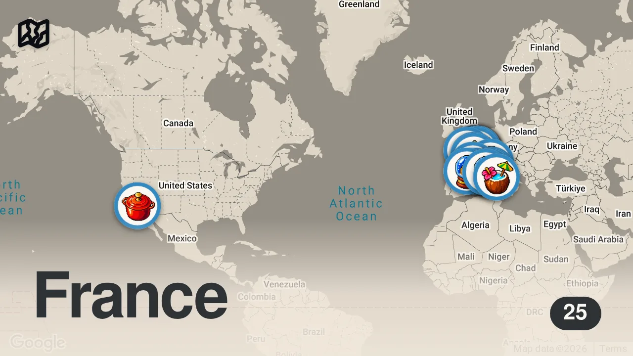 Map of 25 spots from 18 Meilleurs Endroits à Visiter en France | Les Plus Beaux Lieux de France | Guide de Voyage 4K