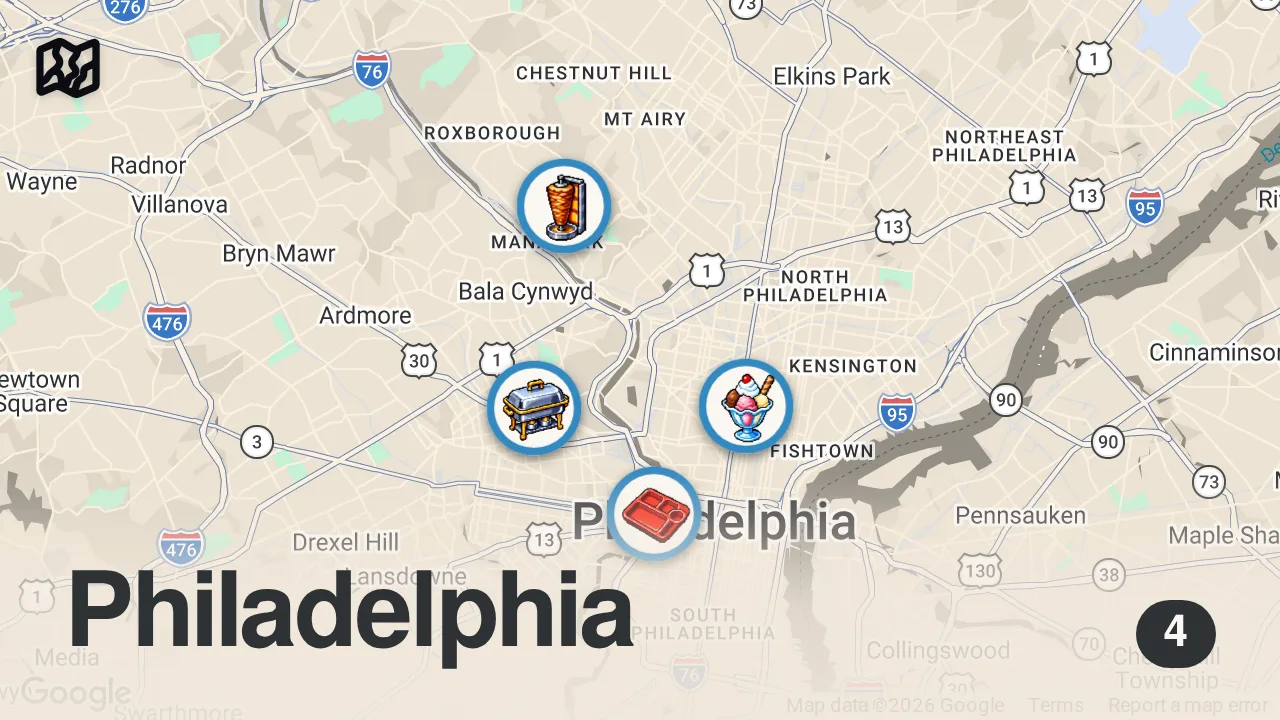 Map of 4 spots from I Spent 24 Hours Eating At Phillys BEST Food Trucks!