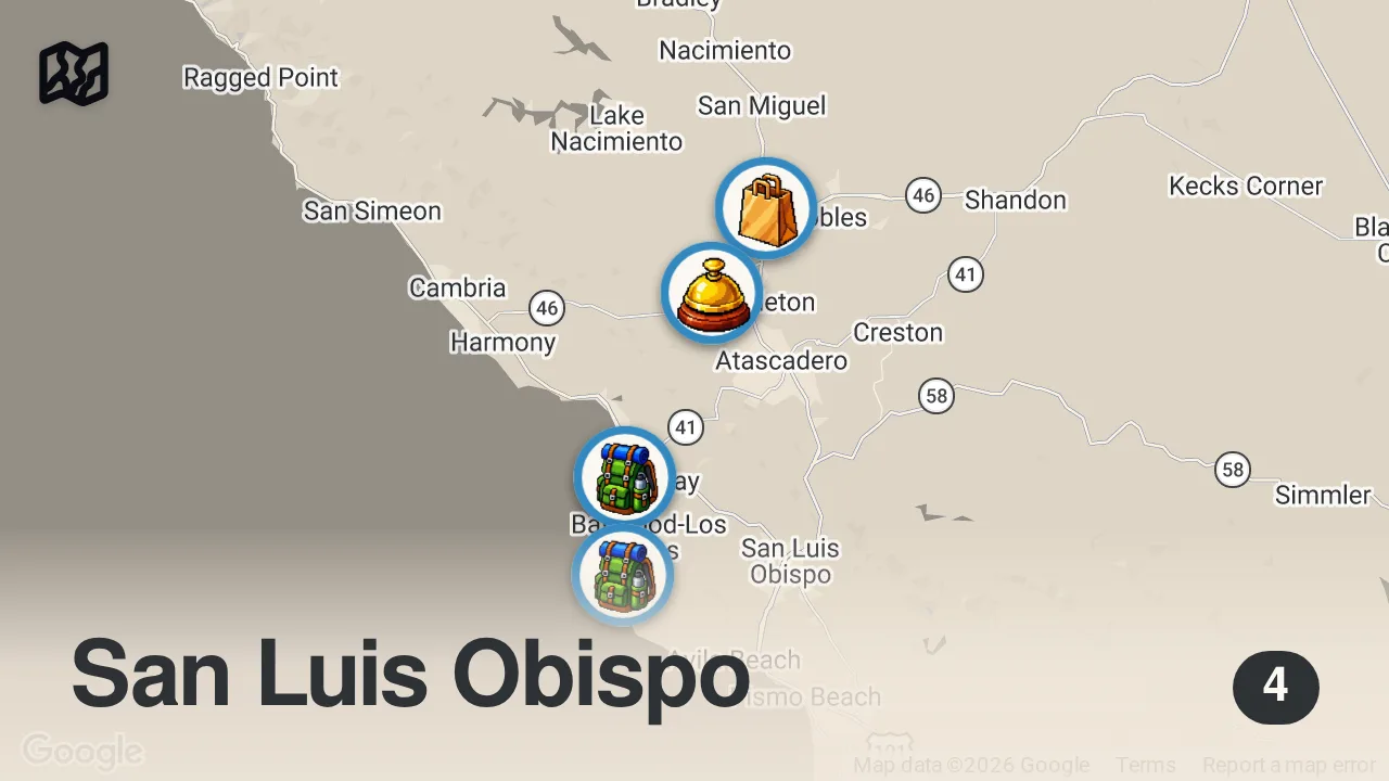 Map of 4 spots from California Motorcycle Camping Adventure |  San Luis Obispo to Paso Robles (Day 3)