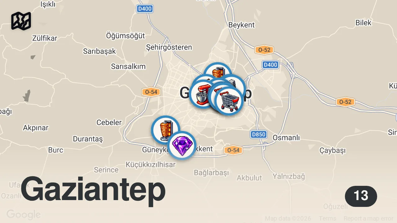 Map of 13 spots from GAZİANTEP’İN SALAŞ KEBAPÇILARI! FİYATLARA ŞOK OLACAKSINIZ!