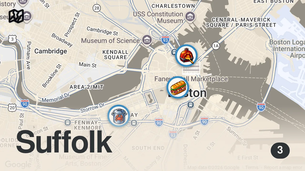 Map of 3 spots from 24 Hours Eating Boston's Most FAMOUS Food!