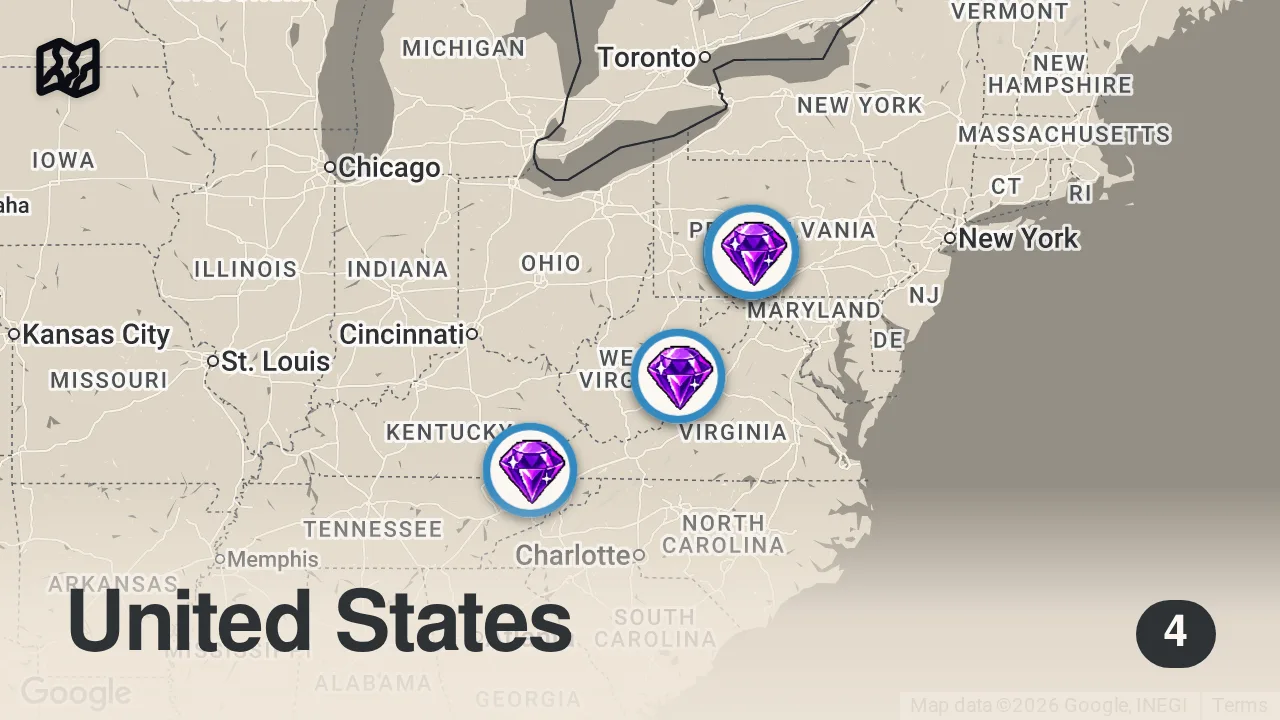 Map of 4 spots from Closest Calls | Mountain Monsters | Travel Channel