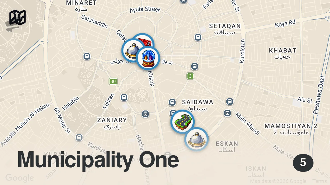 Map of 5 spots from I Ate Kurdish Street Food in Kurdistan!! (7000 Years of History)