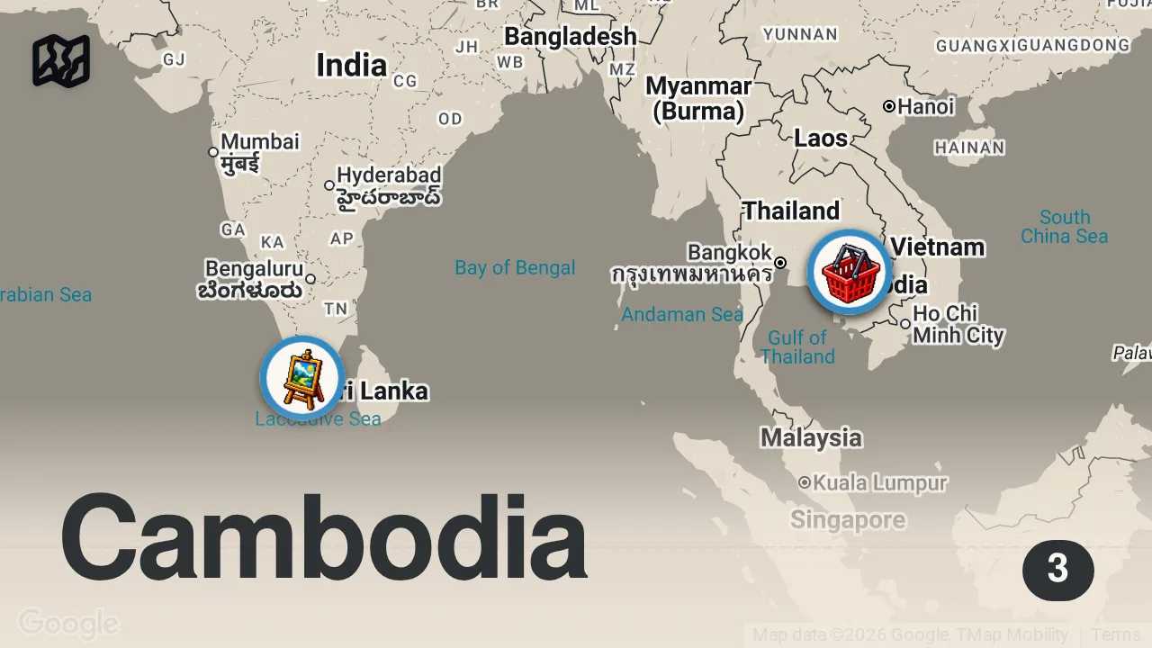 Map of 3 spots from $150 Challenge In The Most Expensive Market In Siem Reap, Cambodia ๐ฐ๐ญ