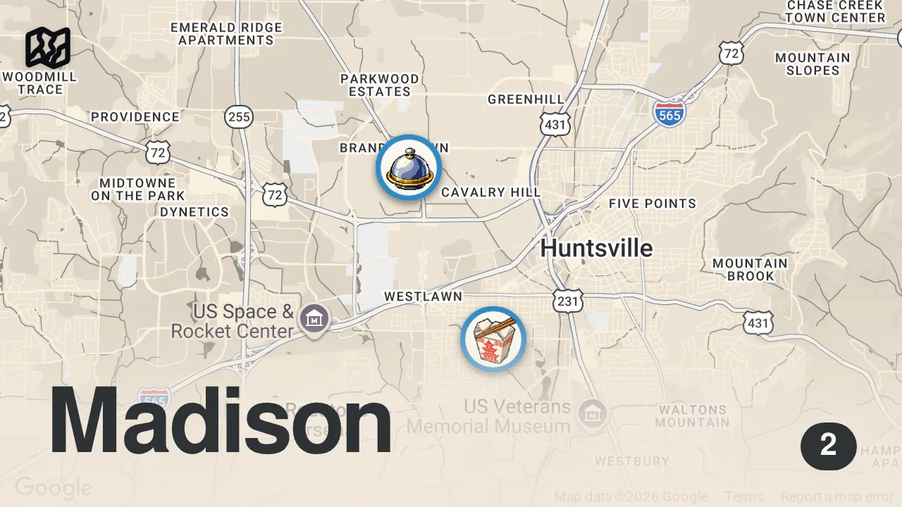 Map of 2 spots from Eating at SKETCHY Restaurants For 24 Hours... (Huntsville, Alabama)