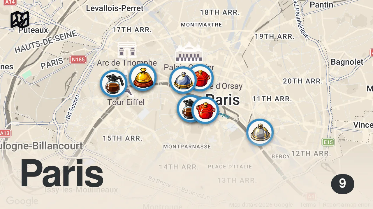 Map of 9 spots from 10 Best Restaurants in Paris