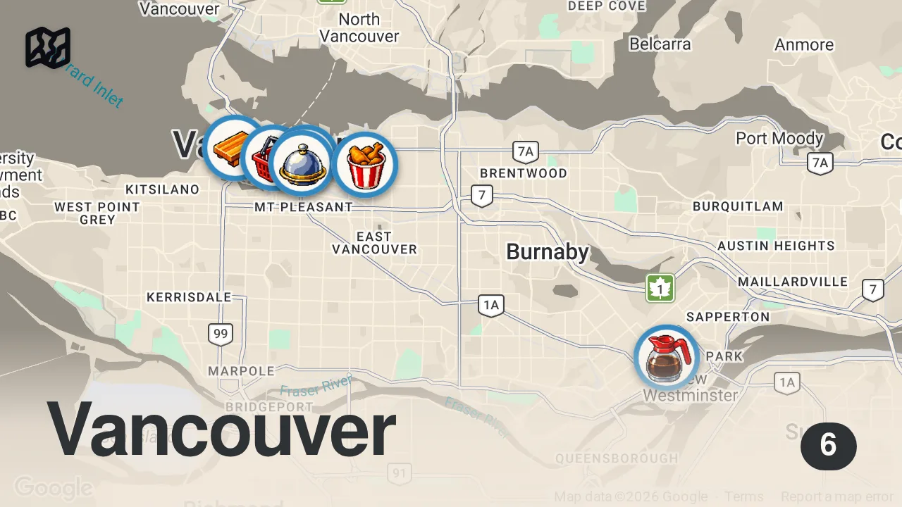 Map of 6 spots from 48 Hours Eating Vancouver's BEST Food!