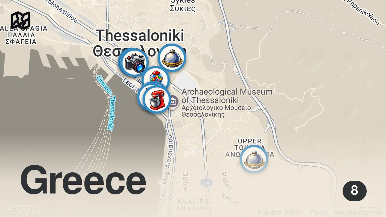 Map of 8 spots from Greek Street Food in THESSALONIKI - Is It The Food Capital Of Greece?