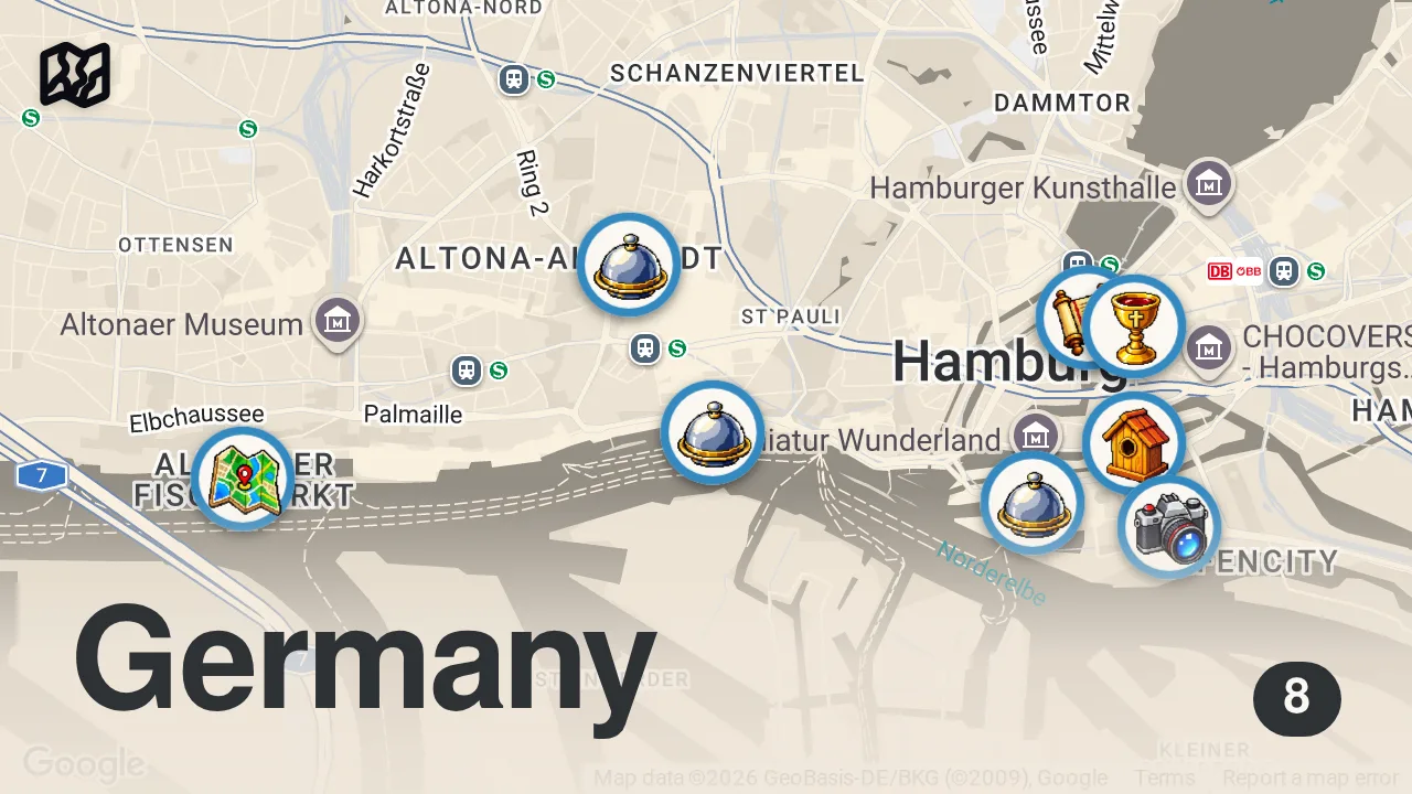 Map of 8 spots from Hamburg Christmas Markets 🇩🇪 | Everything I Ate in Hamburg (Food Travel Vlog)
