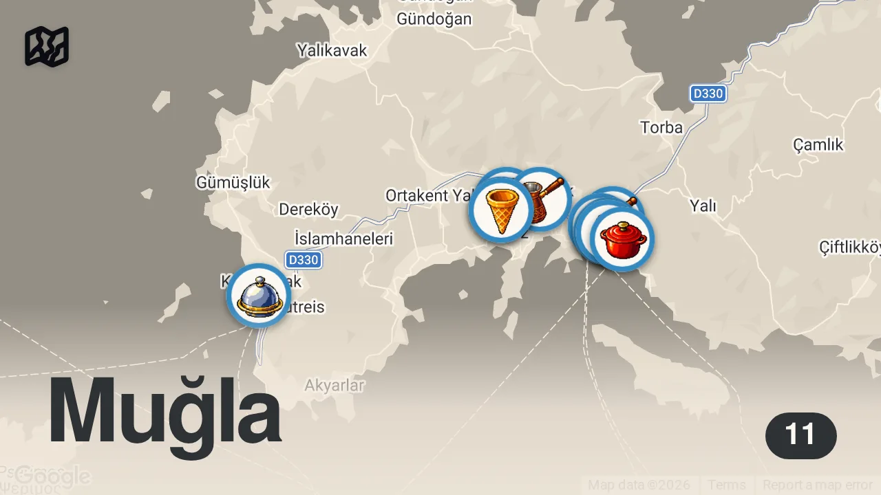 Map of 11 spots from BODRUM’DA BİR GÜNDE NE YENİR!!!