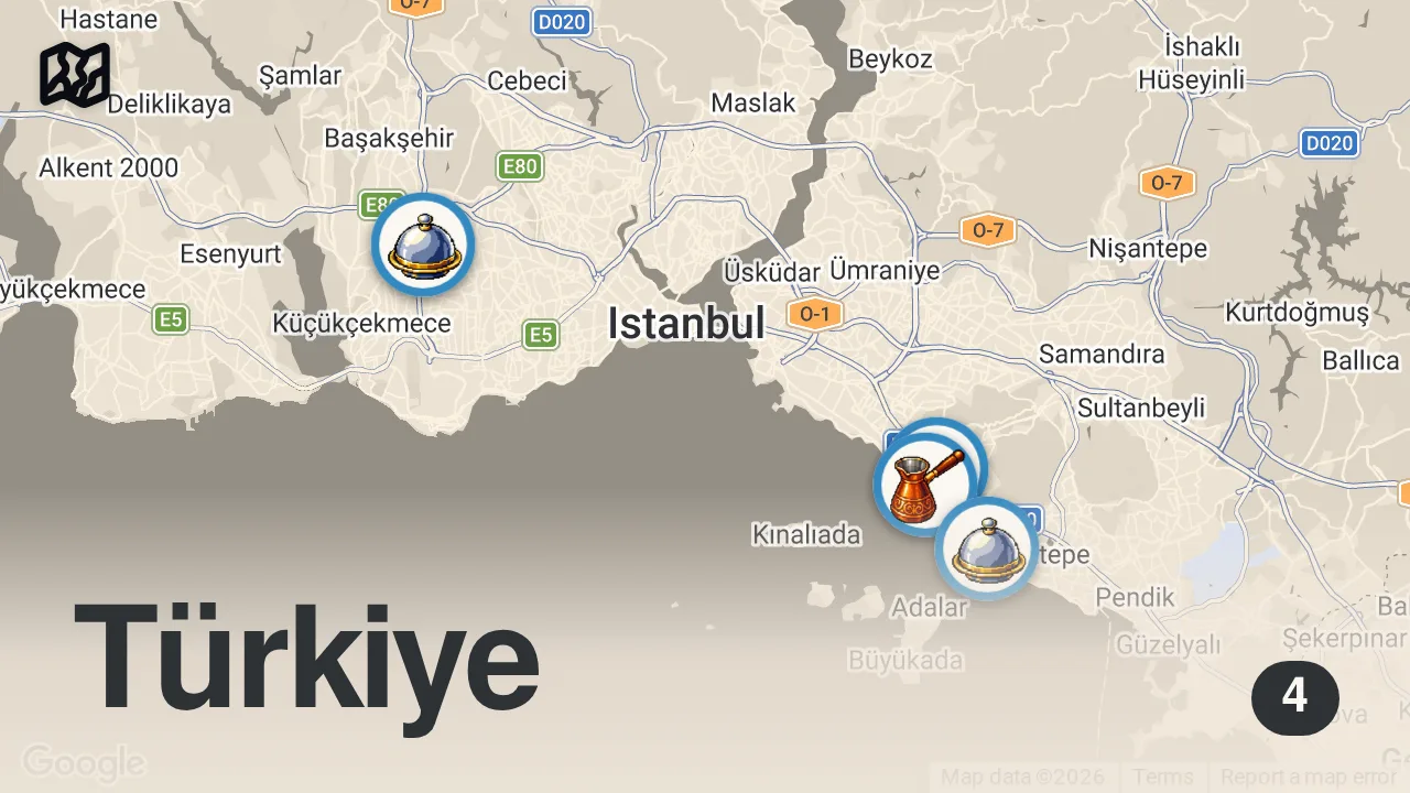 Map of 4 spots from İSTANBUL'DAKİ KARADENİZ LEZZETLERİ | Sürmene Peynirlisi, Hamsili Cilihta, Akçaabat Köfte, Kavurma