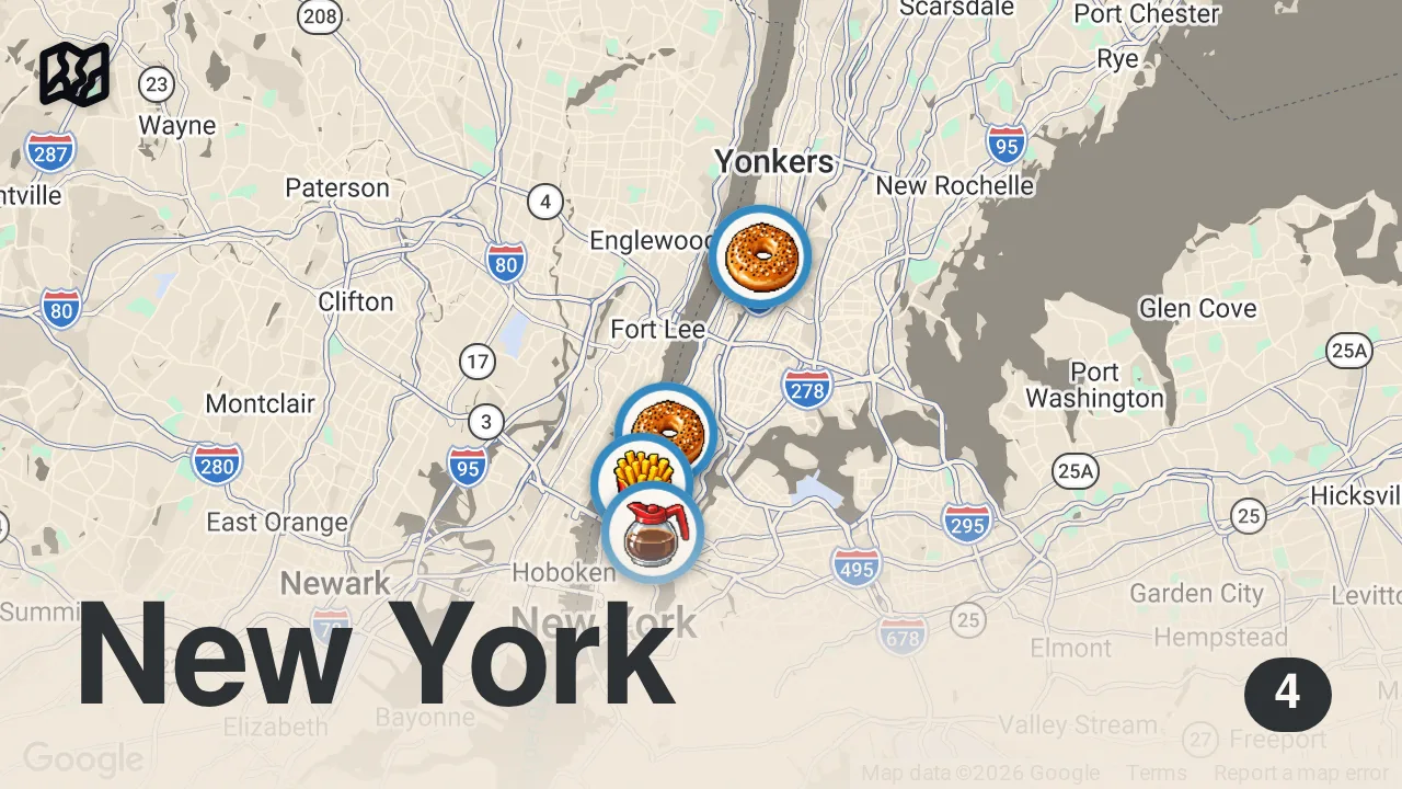 Map of 4 spots from BEST BREAKFAST IN NEW YORK CITY cheap, delicious breakfast spots in #nyc #foodreview #eater