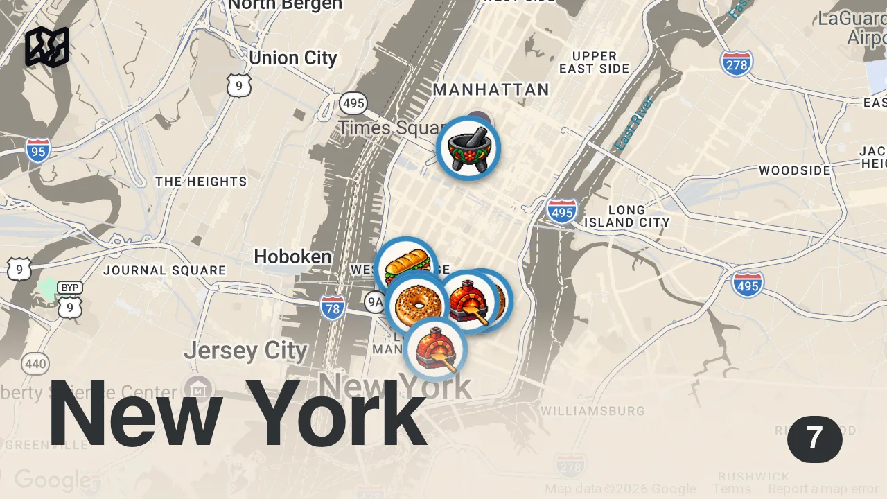 Map of 7 spots from Best food in New York City right now 2025 🗽🔥 #nycfoodies #foodie #newyork #nycfood
