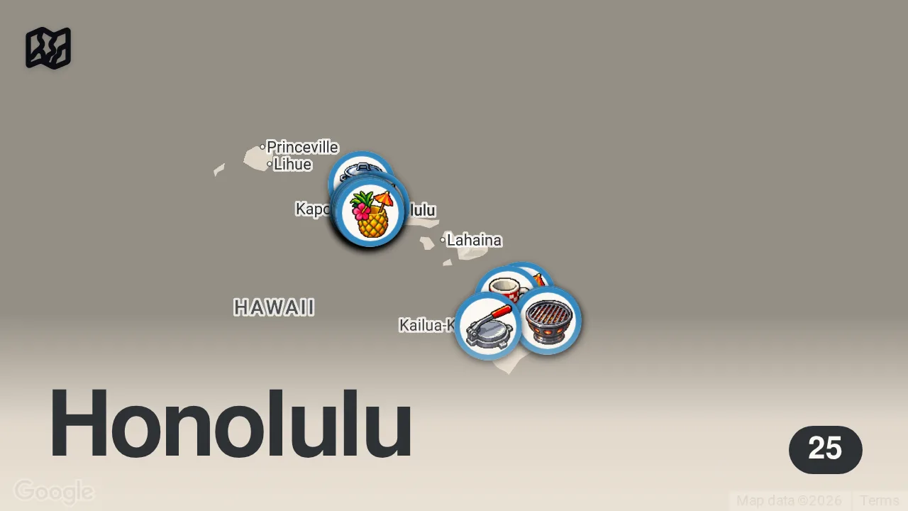 Map of 25 spots from I Went to Hawaii for the Food!! 🇺🇸