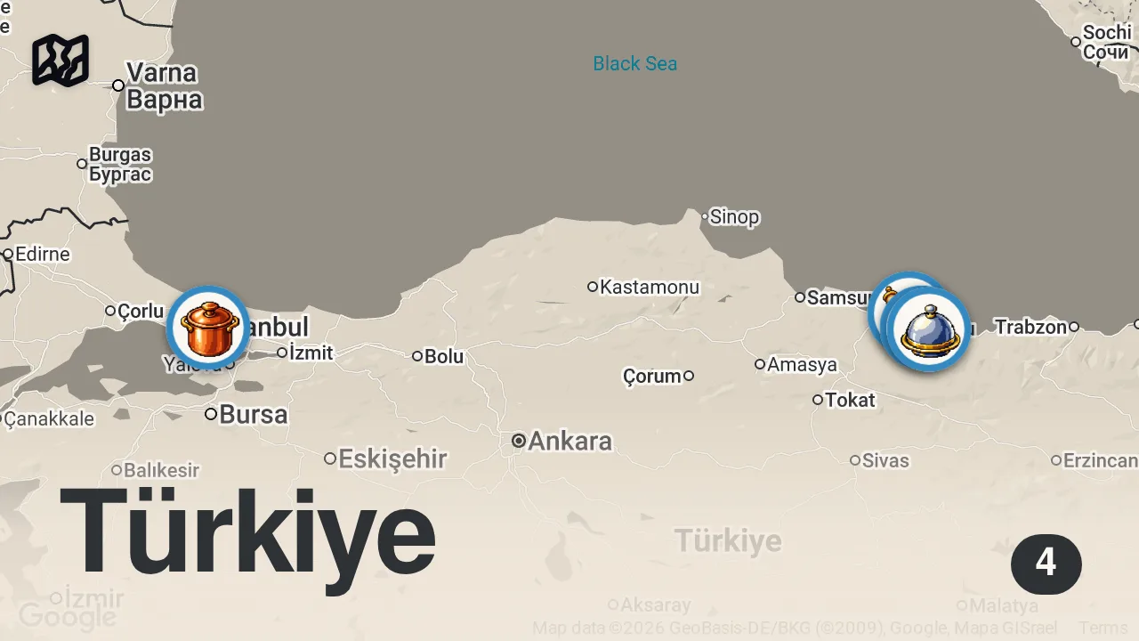 Map of 4 spots from BİR PORSİYON 85 LİRA | ORDU VLOG