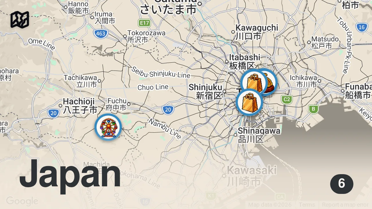 Map of 6 spots from 2 Days in Tokyo Japan 🎀 Sanrio Puroland & Hello Kitty