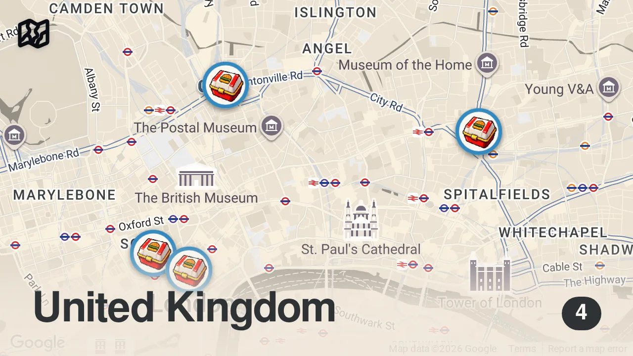 Map of 4 spots from Finding the Best Burger in London