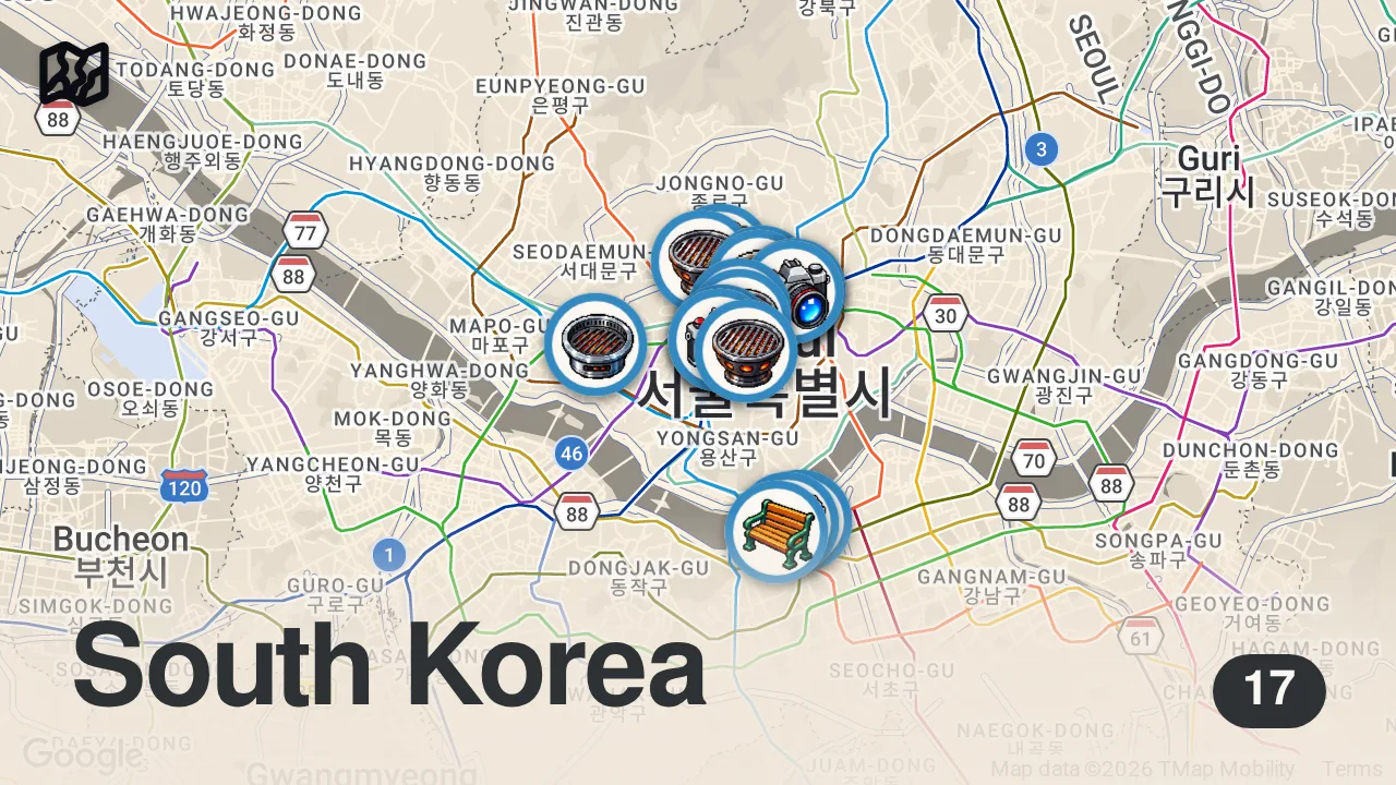 Map of 17 spots from 32 Must-Eat Foods in Seoul, South Korea | Seoul Best Eats