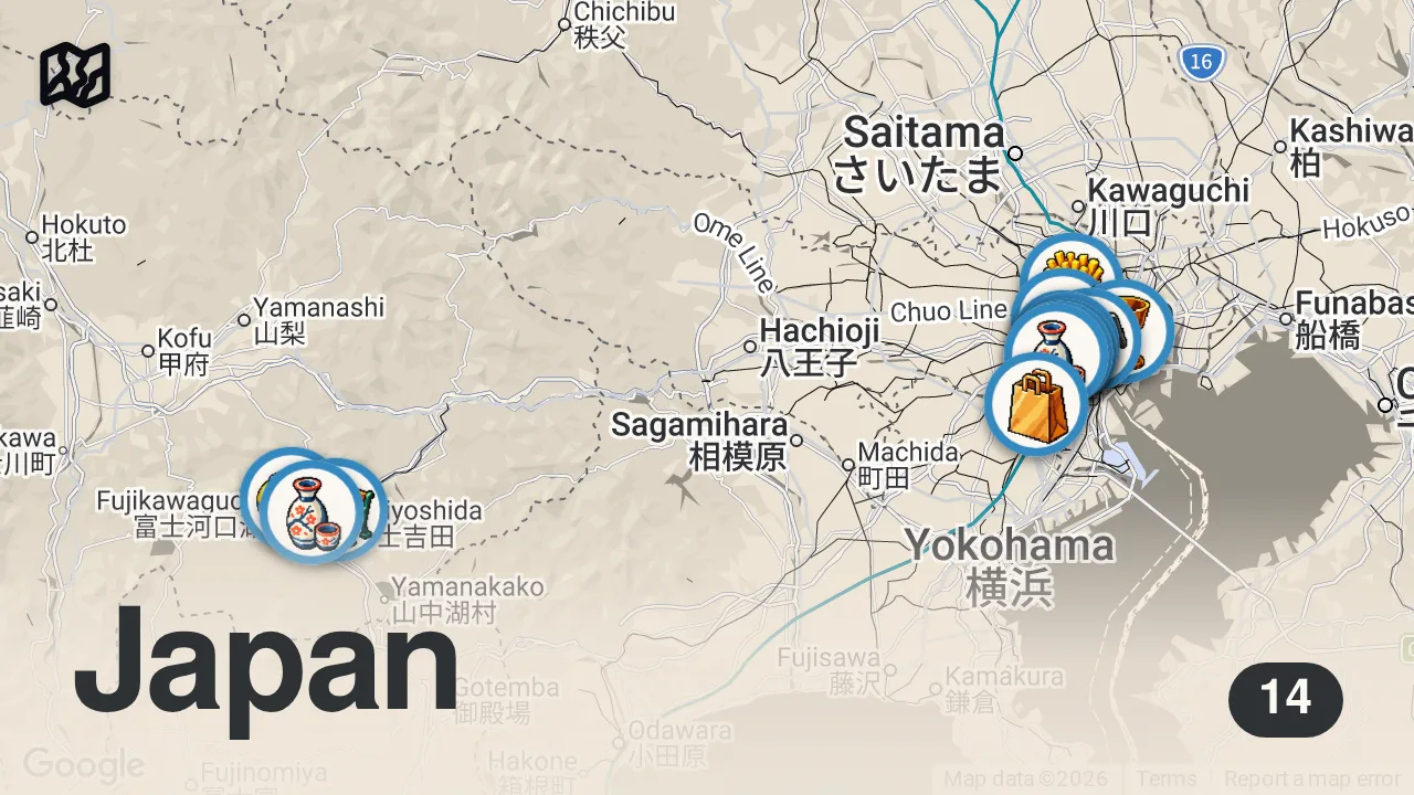 Map of 14 spots from a weekend in Tokyo + day in Fuji