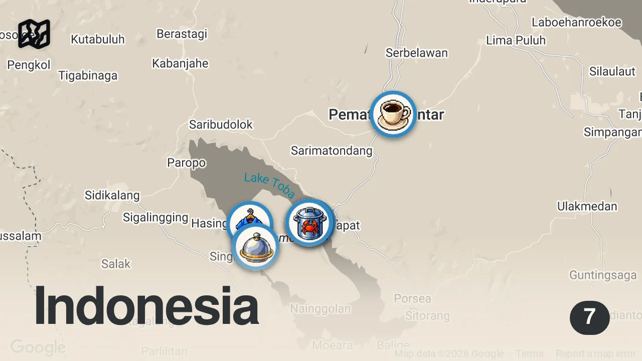 Map of 7 spots from BATAK Village + SPICY Lobster + LAKE TOBA Market - Indonesian street food in SAMOSIR, Indonesia