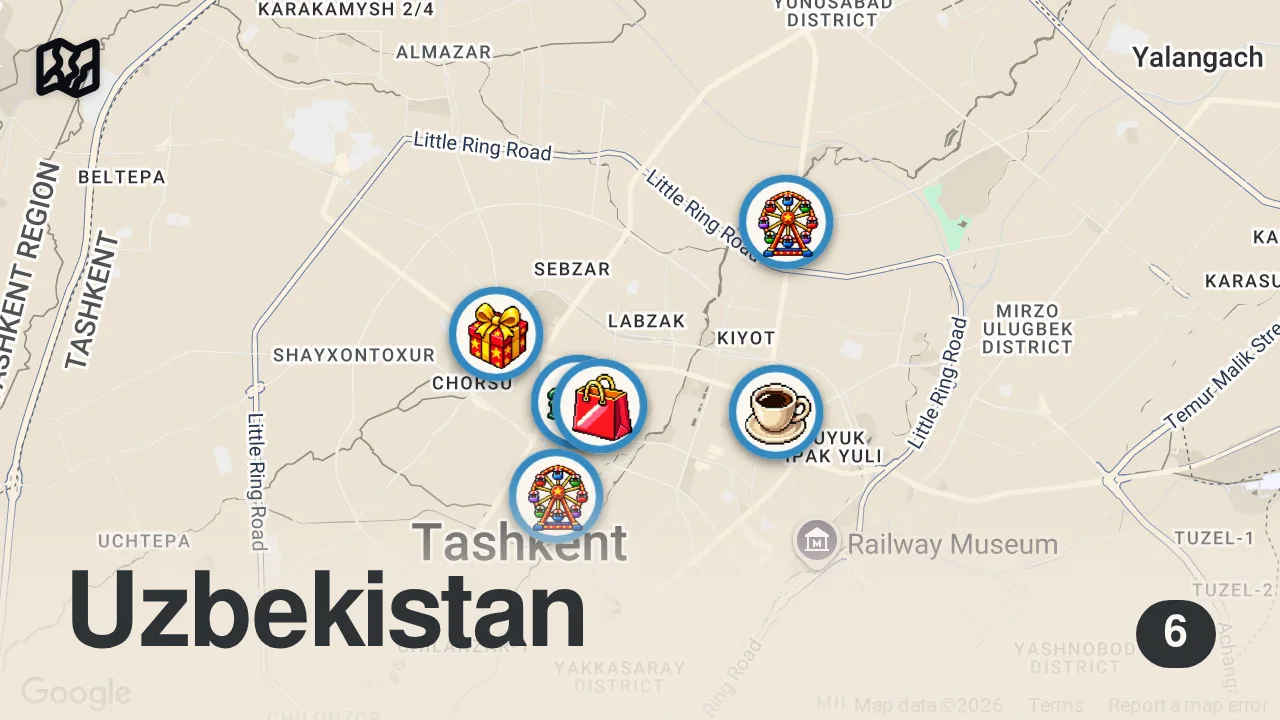 Map of 6 spots from Inside Modern Uzbekistan Nobody Shows You - Tashkent City Park & Mall, Magic City Park 🇺🇿