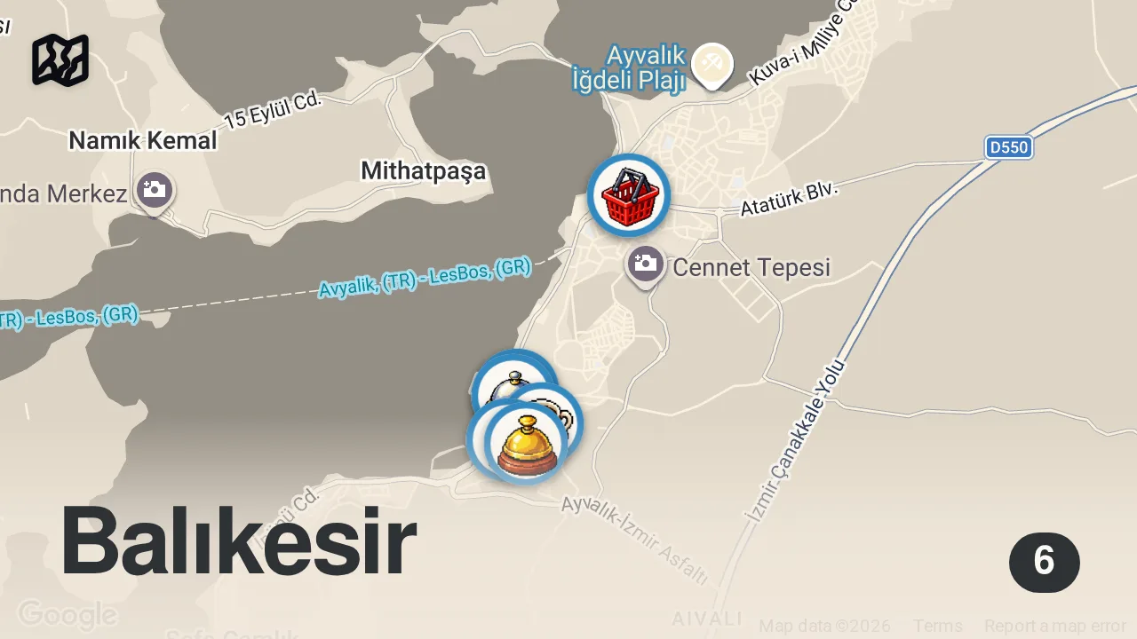 Map of 6 spots from Ayvalık Lezzetleri: Zeytinyağlı cenneti, tarihi köfteci ve semt pazarında lezzet turu