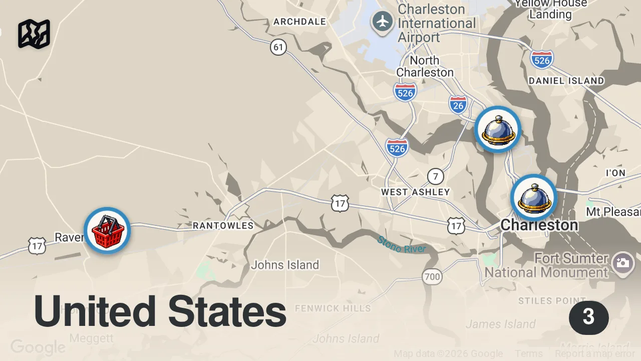 Map of 3 spots from Famous GARLIC BUTTER Blue Crabs!! 🦀 Must-Eat SOUL FOOD in Charleston, South Carolina!