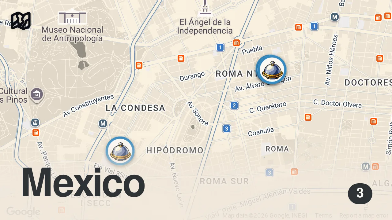 Map of 3 spots from 24HRS in MEXICO CITY - The Best Places To Eat, According To A Michelin Chef - Part 2