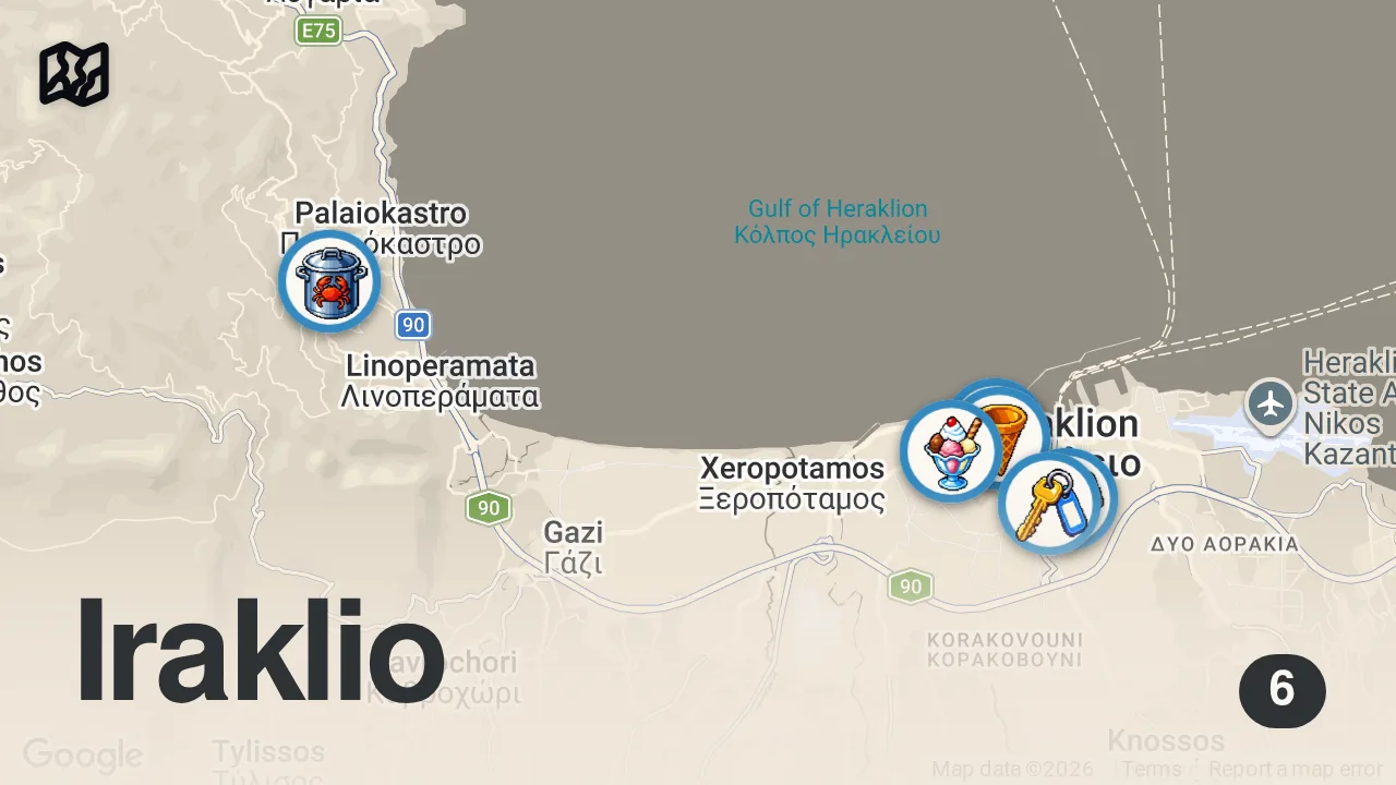 Map of 6 spots from Greek Street Food in HERAKLION 🇬🇷 Lamb Antikristo + Europe's Best Organic Restaurant - Cretan Food