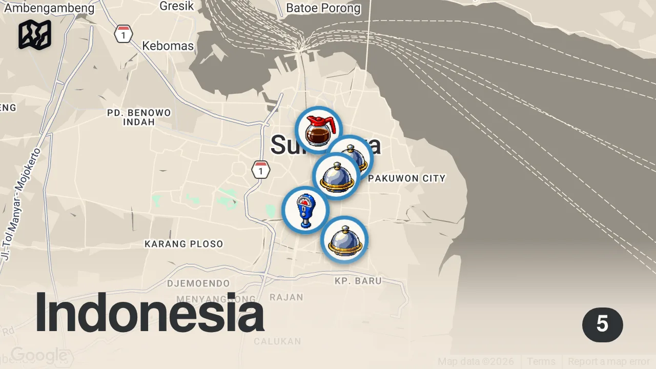 Map of 5 spots from I Ate The Spiciest Food In Indonesia ๐ฎ๐ฉ Indonesian street food in Surabaya