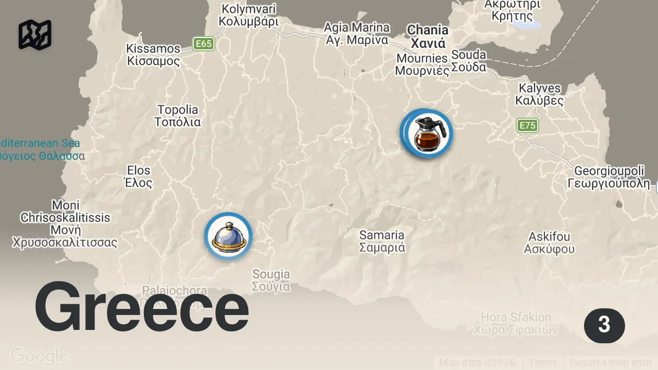 Map of 3 spots from Greek Master Makes The BEST BBQ LAMB in Greece! (1000 year old recipe)
