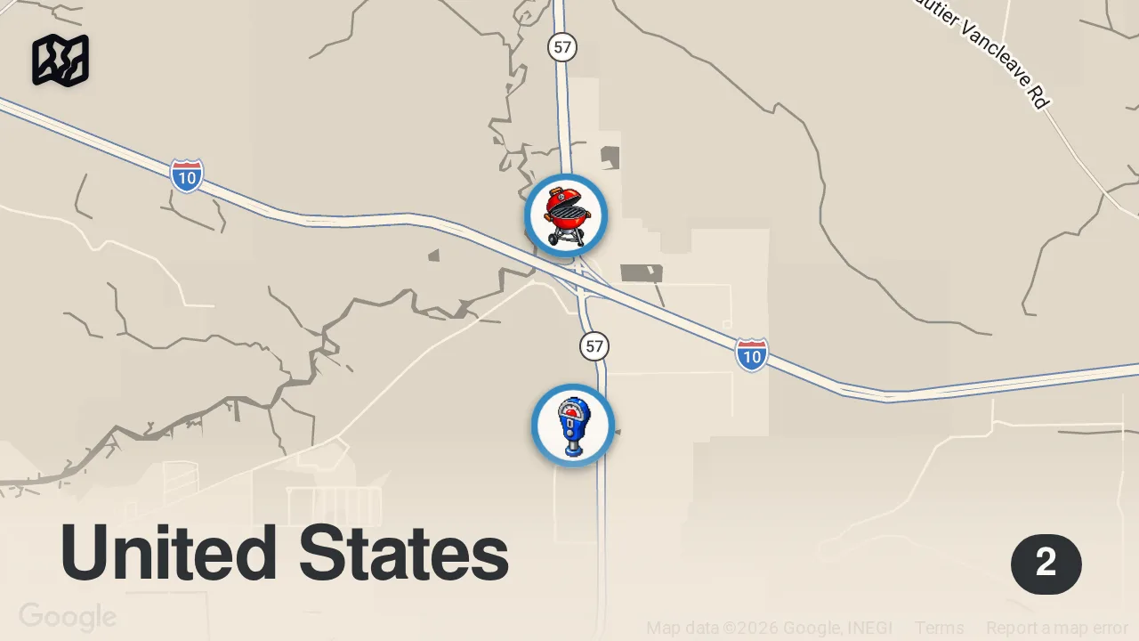 Map of 2 spots from How a Champion Pitmaster Is Making Award-Winning BBQ in Southern Mississippi — Smoke Point