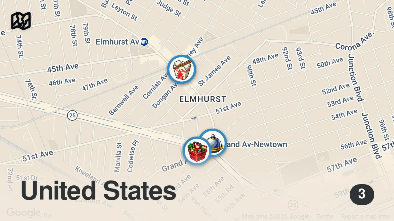 Map of 3 spots from 1 day. 3 meals. $15. Elmhurst.