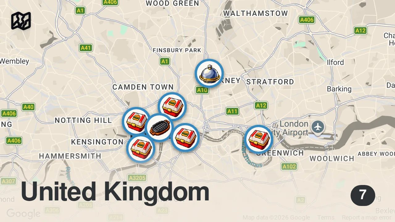 Map of 7 spots from Finding the Best Burger in London