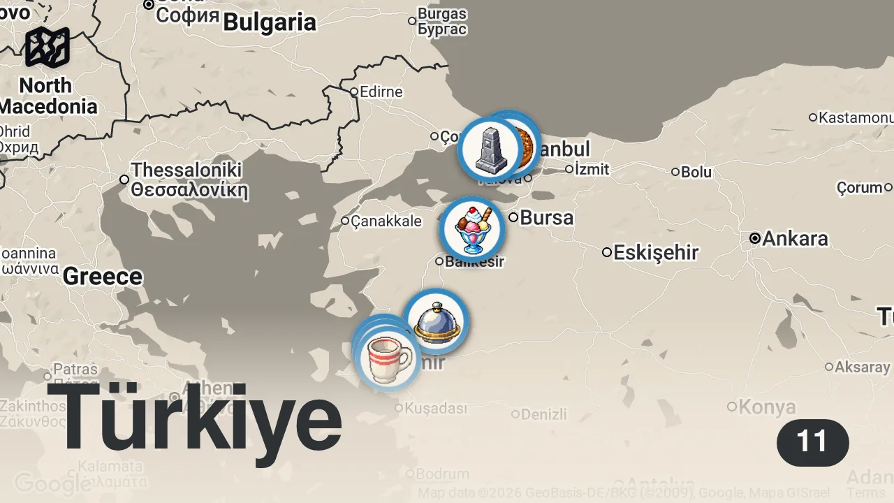 Map of 11 spots from İSTANBUL - İZMİR YOL ÜSTÜ LEZZET DURAKLARI (2021) - Ayaküstü Lezzetler
